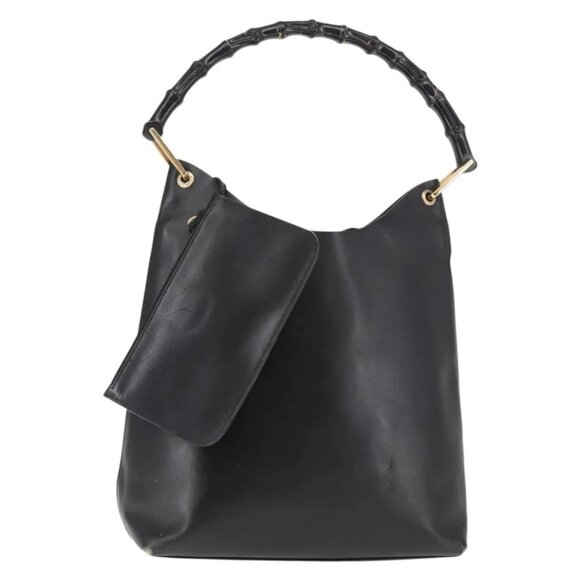 GUCCI Bamboo Shoulder Bag Leather Black Gold - Picture 1 of 15